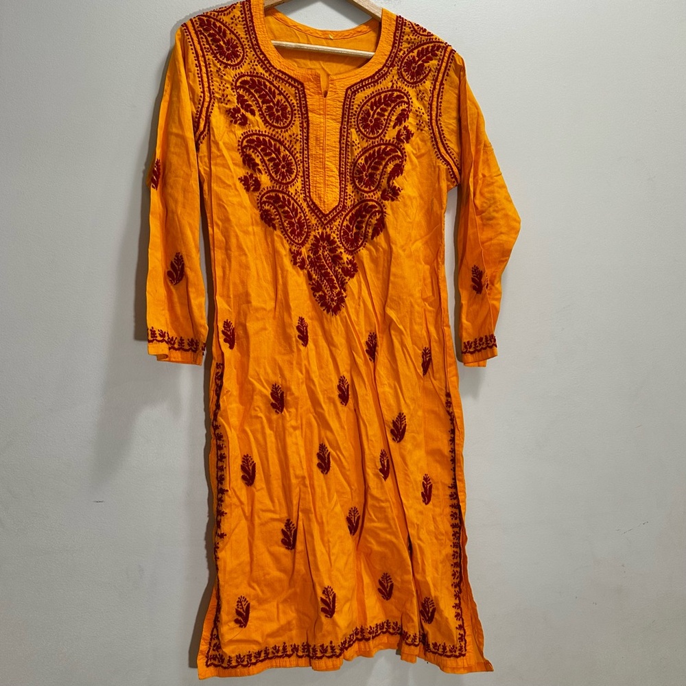 Handmade Women's Medium Indian Kurta Orange with Red Embroidery